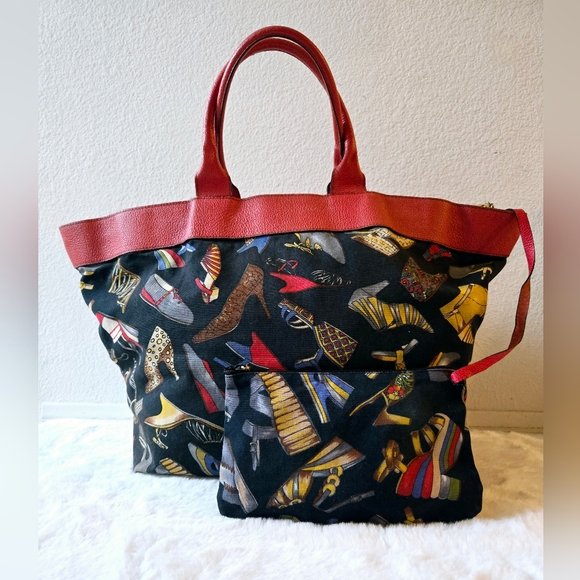Salvatore Ferragamo Handbags - Salvatore Ferragamo Shoe Print Canvas Tote Bag with Pouch